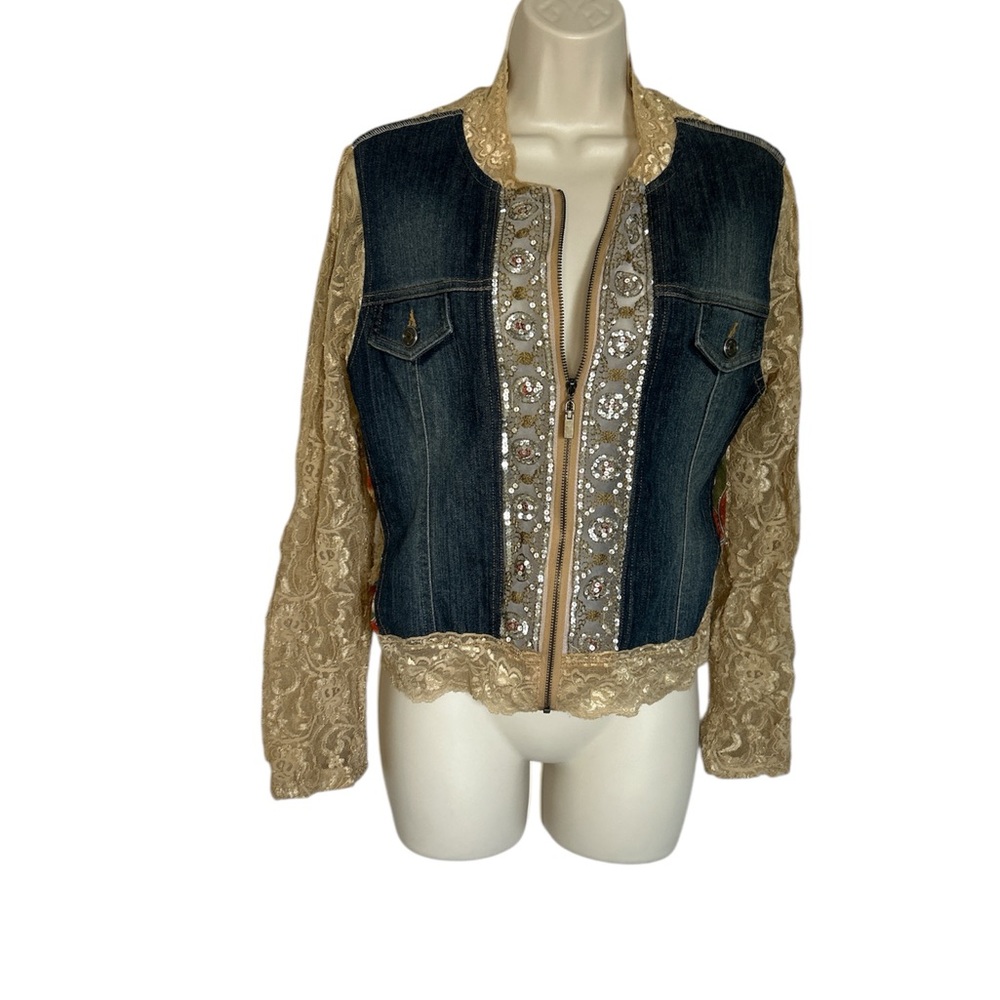 Elegant Lace And Denim Western Stretch Women's Jacket Sz M